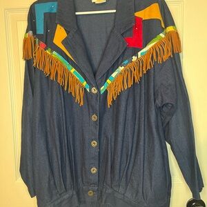 Vintage Denim Jacket with Colorful Fringe